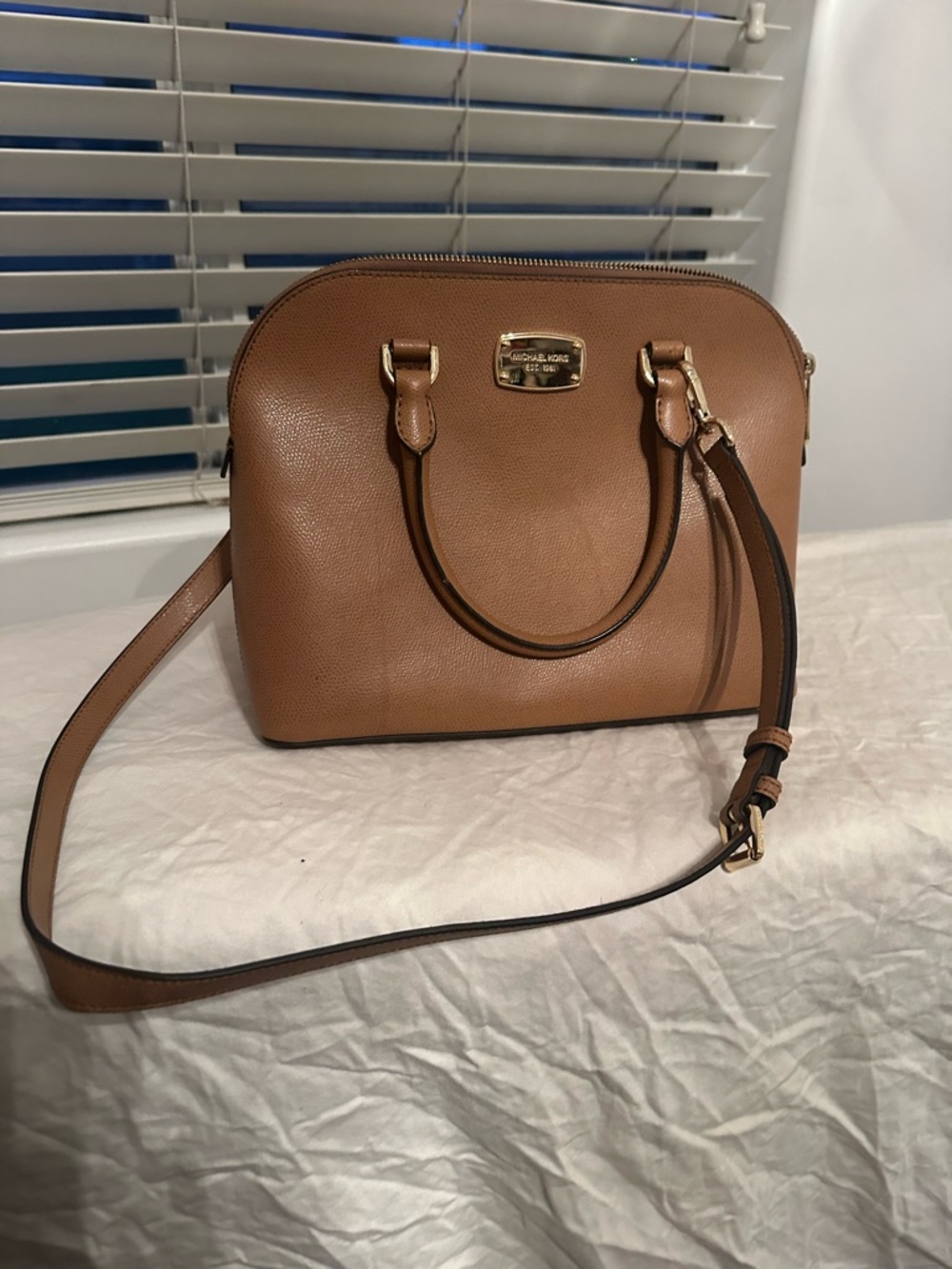 Michael Kors Tan Cindy Dome Satchel with Removable Strap and Gold Hardware
